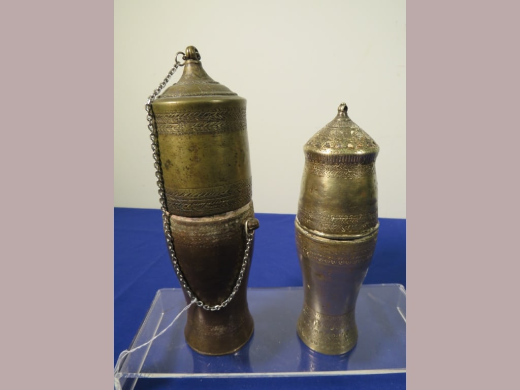 2-Antique Bronze Laos Lime Containers: 1 w/ chain 9.5"h max.