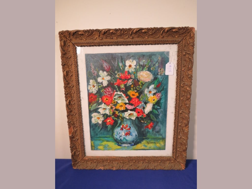 French Vintage Oil-on-Canvas: Floral design w/ ornate frame Signed by A. Carreff