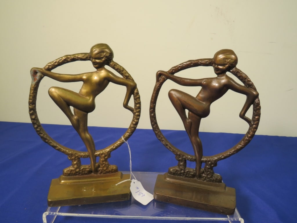 Pair of Bronze Dancing Nude Lady Bookends: 10"h Pattern-Nude Lady. Numbered.