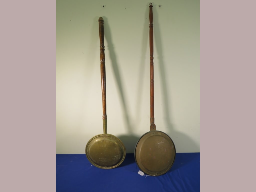2-Brass Bed Warmers: wood handled, 1-engraved on lid 46"L max.