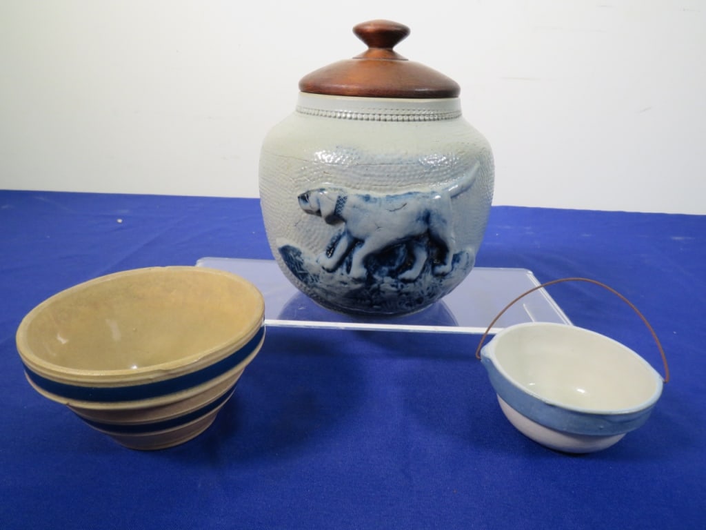 3 pcs Stoneware: Miniature bowl/sm. Bowl/Cracker jar w/ Dog decoration