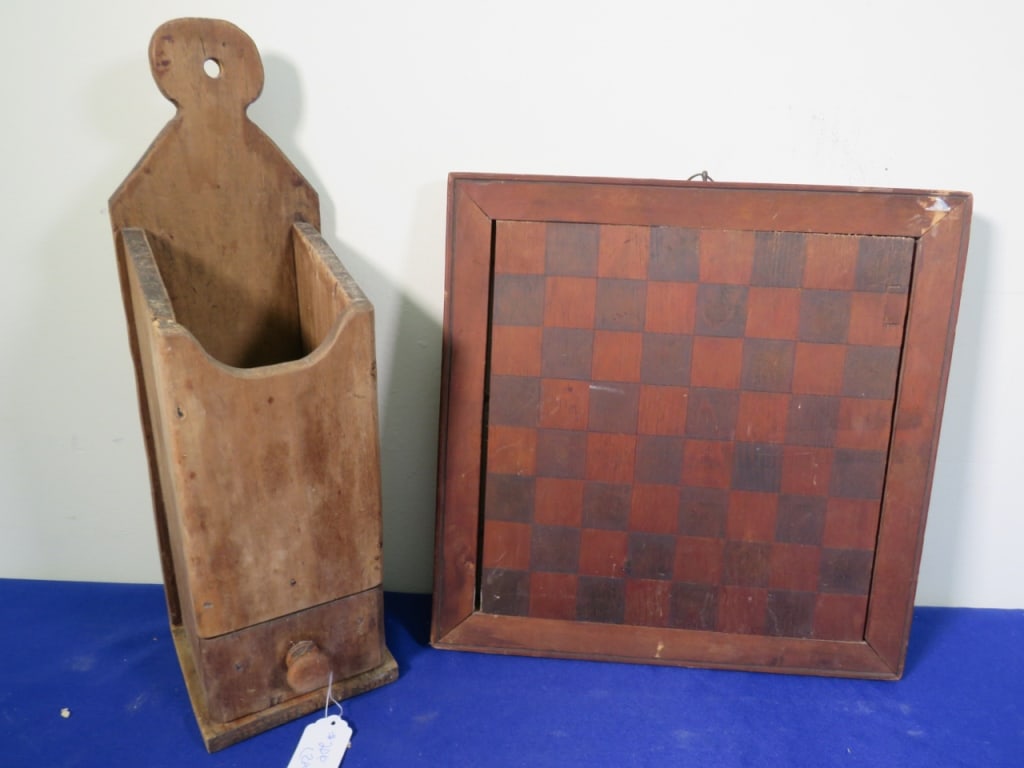 Primitive Checker Bird & Candle Box: Candle box has 1 drawer Checker Brd.-12"/Candle box-16" 2 pcs