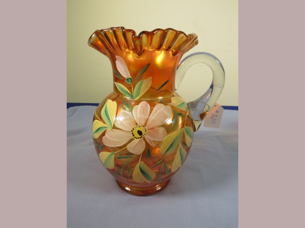 Fenton Carnival Marigold Enameled Magnolia Water Pitcher: No chips or cracks