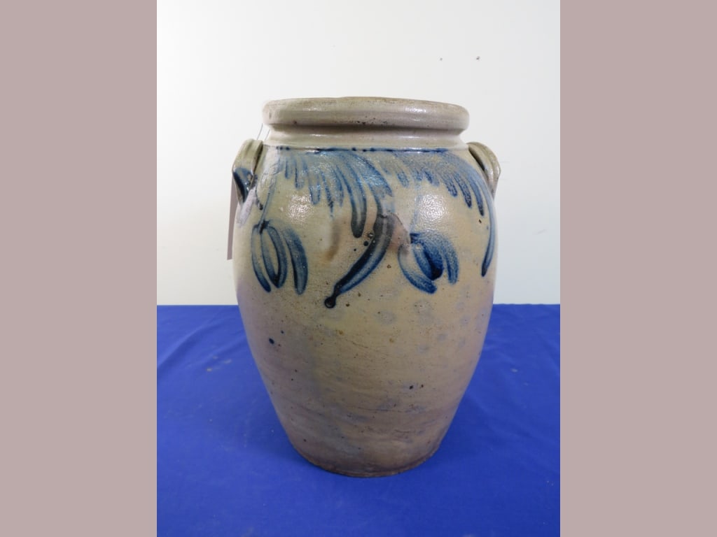 3 gal. MD Stoneware Jar: w/ Floral decor Circa 1840. *Right along handle, hairline crack 4" off prior to middle/bottom.