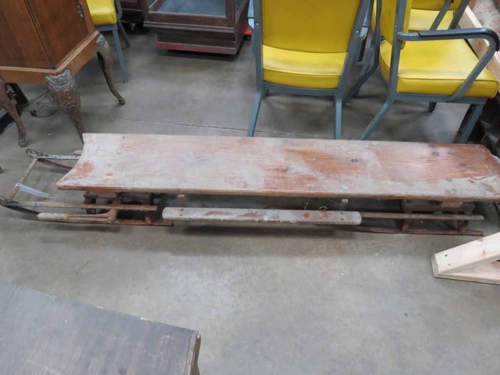 Primitive Antique Wood Pull Sled: Metal runners-steering handles 84 x 10 x 18