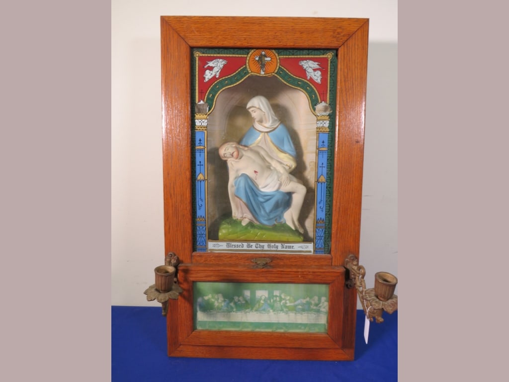 Oak Sick Call Cabinet: Glass front, Christ decor, last supper w/ Candle sconce 24 x 14 x 4