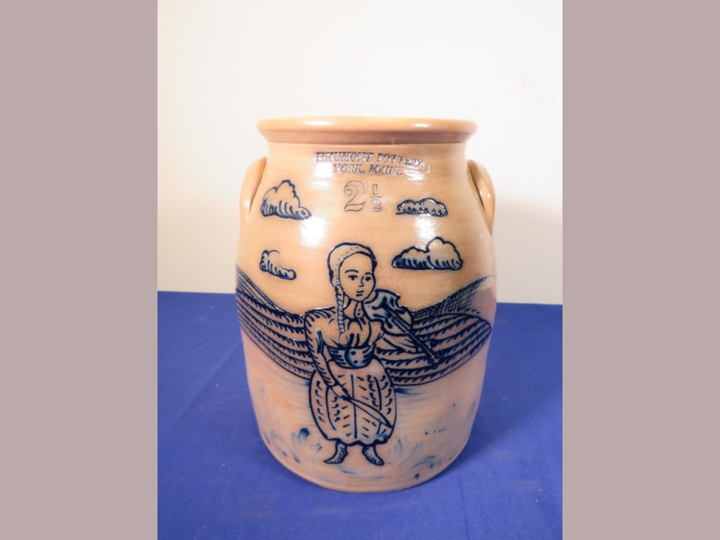 2.5 gal Crock. Beaumont Pottery: blue decor w/ girl 12 x 8