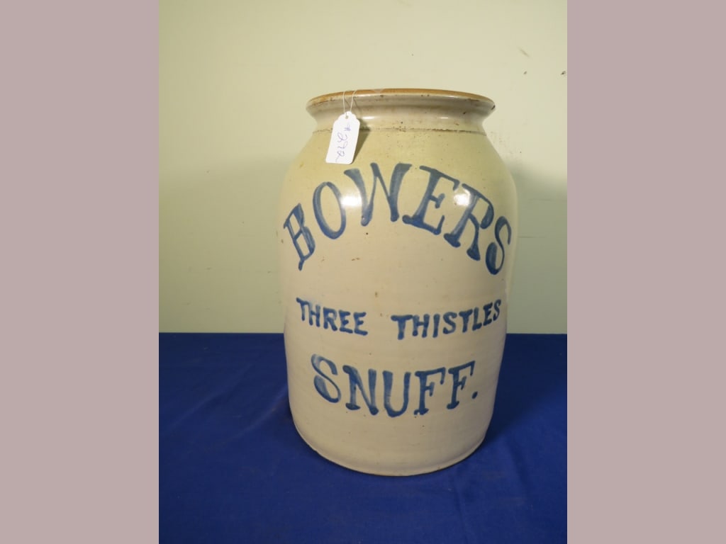 Bowers Three Thistles Snuff Crock: Chunk in Rim/Chunk in base