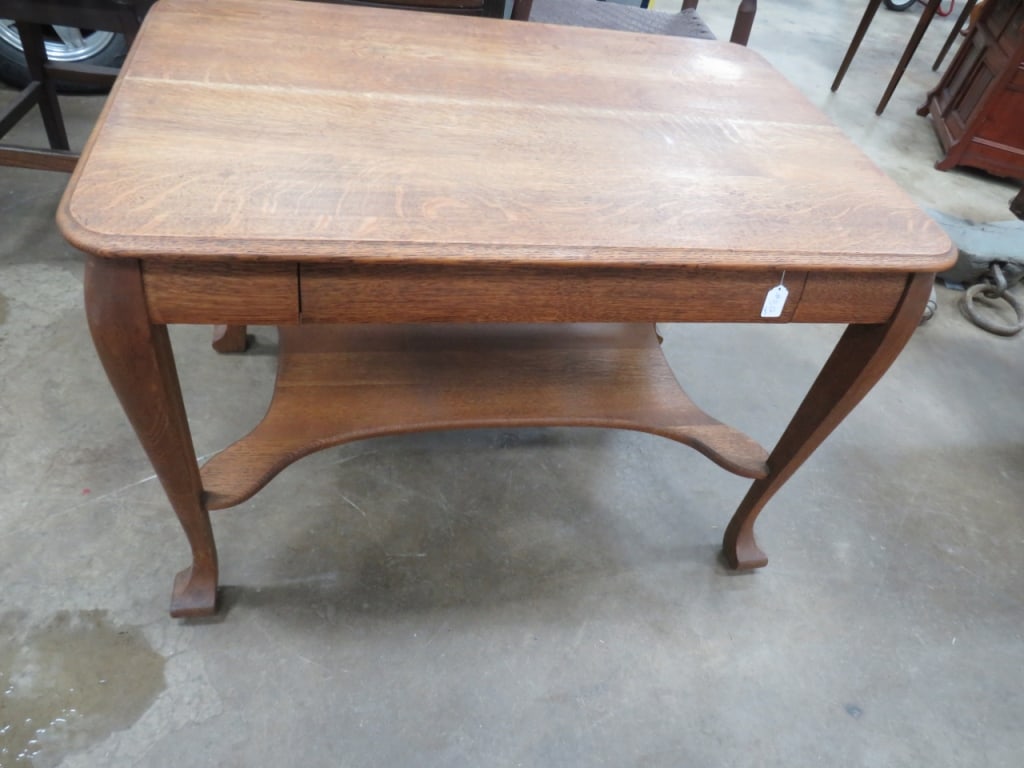 Early Oak Library Table: 1 drawer Wolverine Mfg. paper label from Macinac State Museum 29 x 43 x 28