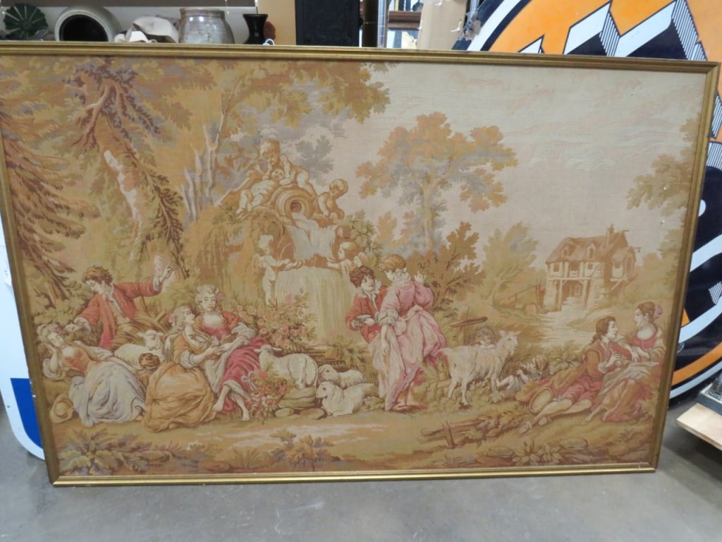 Lg. Victorian Framed Cross Stitch Item: Farm scene w/ people and cherubs 50 x 77