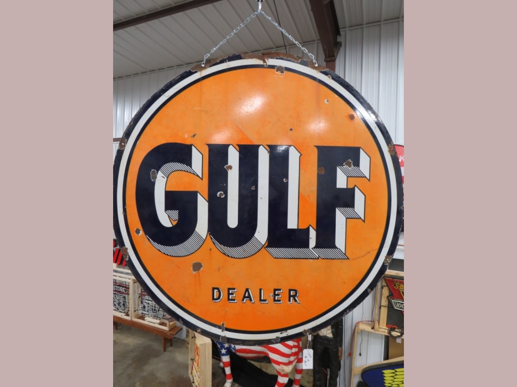 DS Porcelain Gulf Dealer sign: 66" dia, some loss, Damage around edges and top