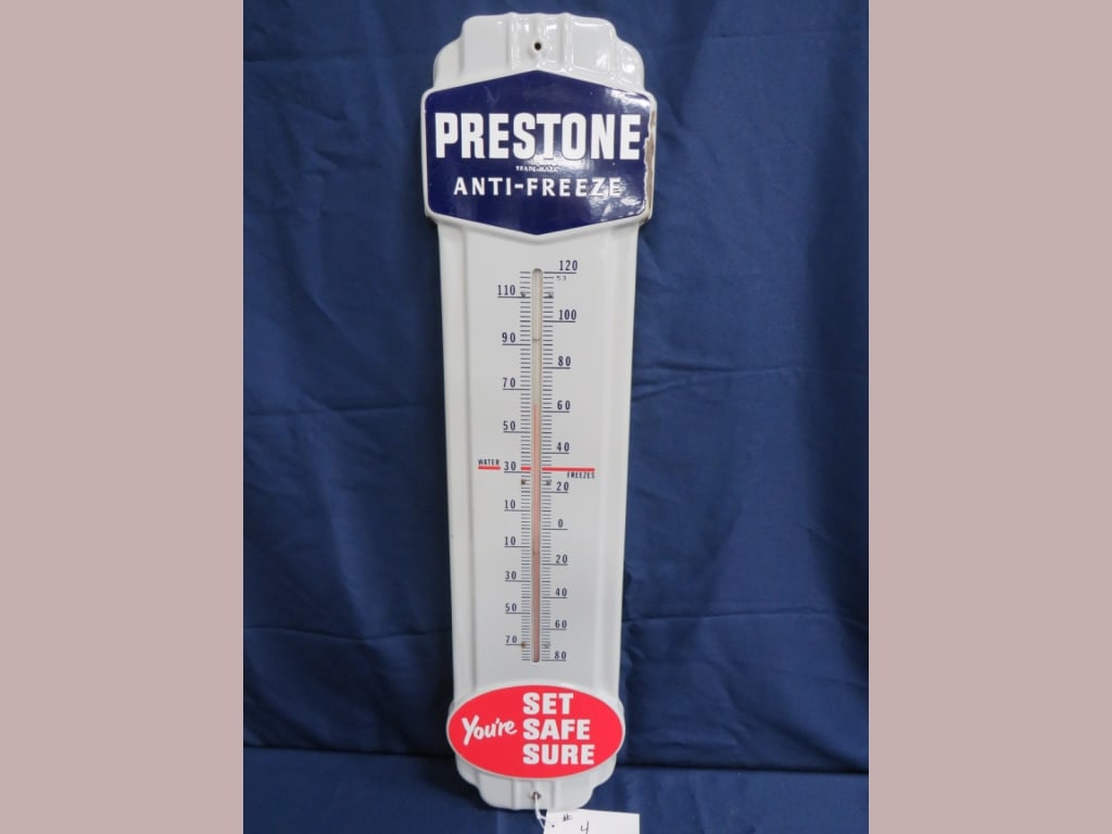 Prestone Antifreeze Thermometer: Great color, slight porcelain loss to R side, excellent condition