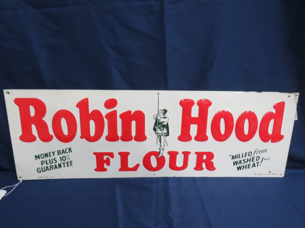 Robinhood Flour Sign: Embossed, 1951, like new condition 12 x 36