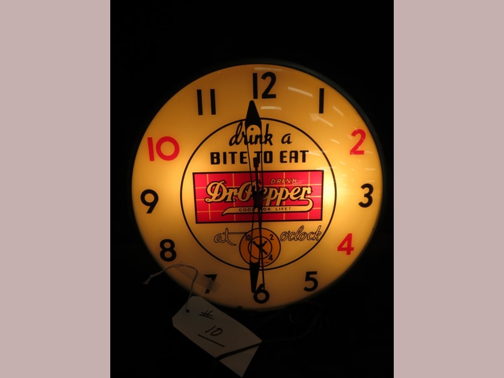 PAM Dr. Pepper 10-2-4 Clock: Working, good color 14 dia x 4
