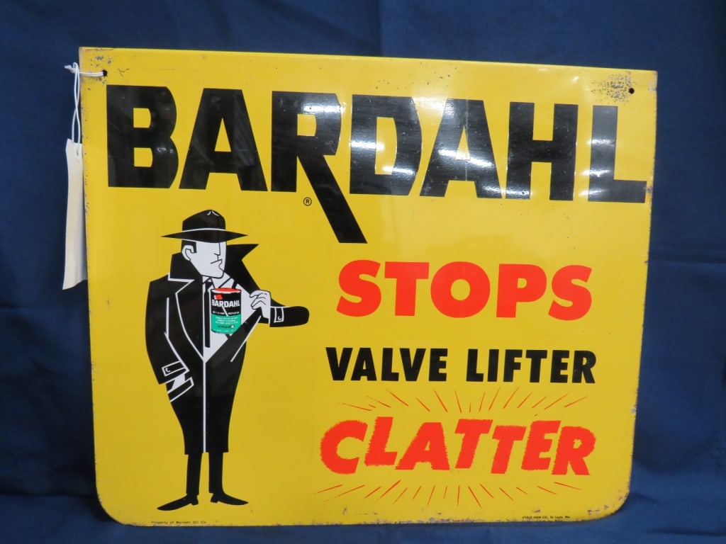 Bardahl Motor Oil Sign: SS tin, hanger, good color/condition 17 x 20 Stout sign Co.