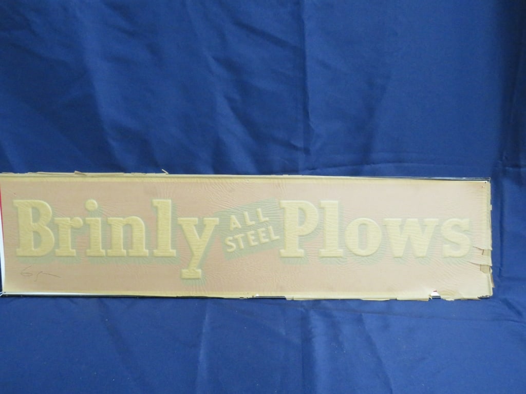 NOS Brinly Plows Sign: w/ Orig. Paper, Self-framed Donaldson Art sign Co. 9 x 36