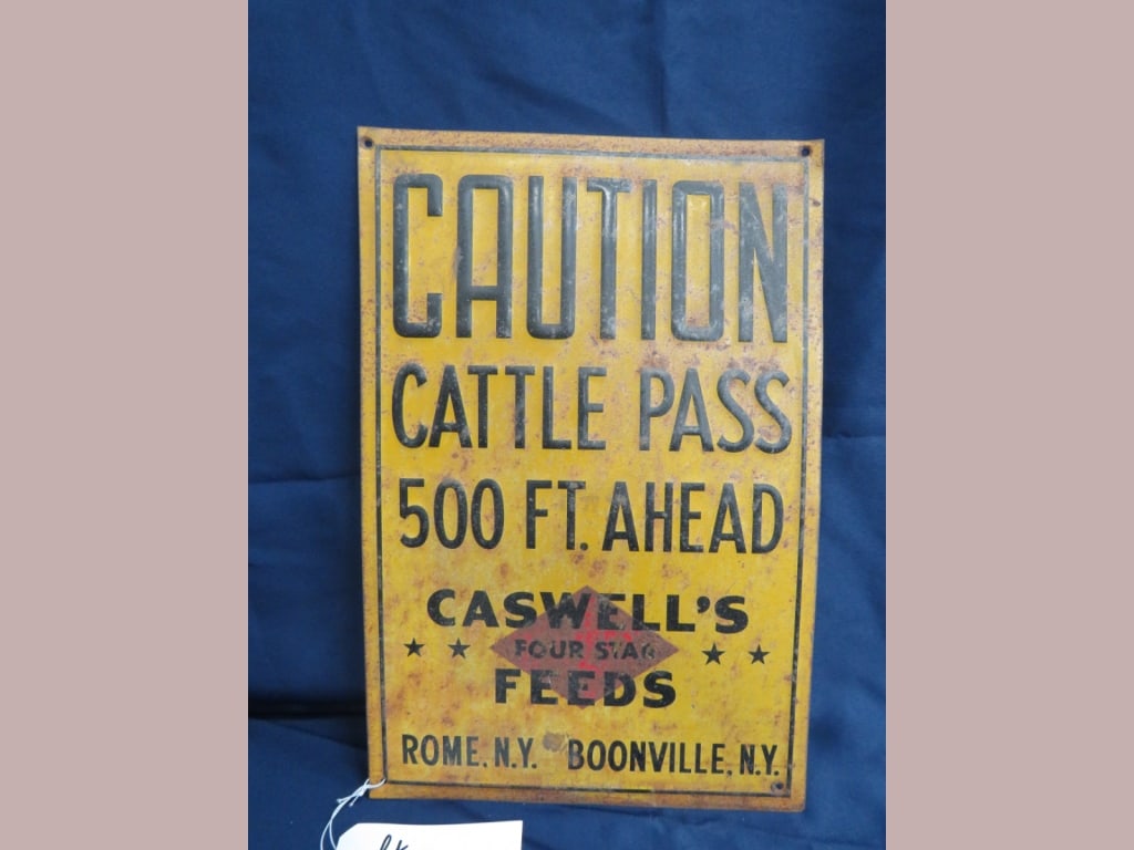 Caswell Feeds Cattle Crosssing Sign: Embossed, some rust, self-framed 18 x 12