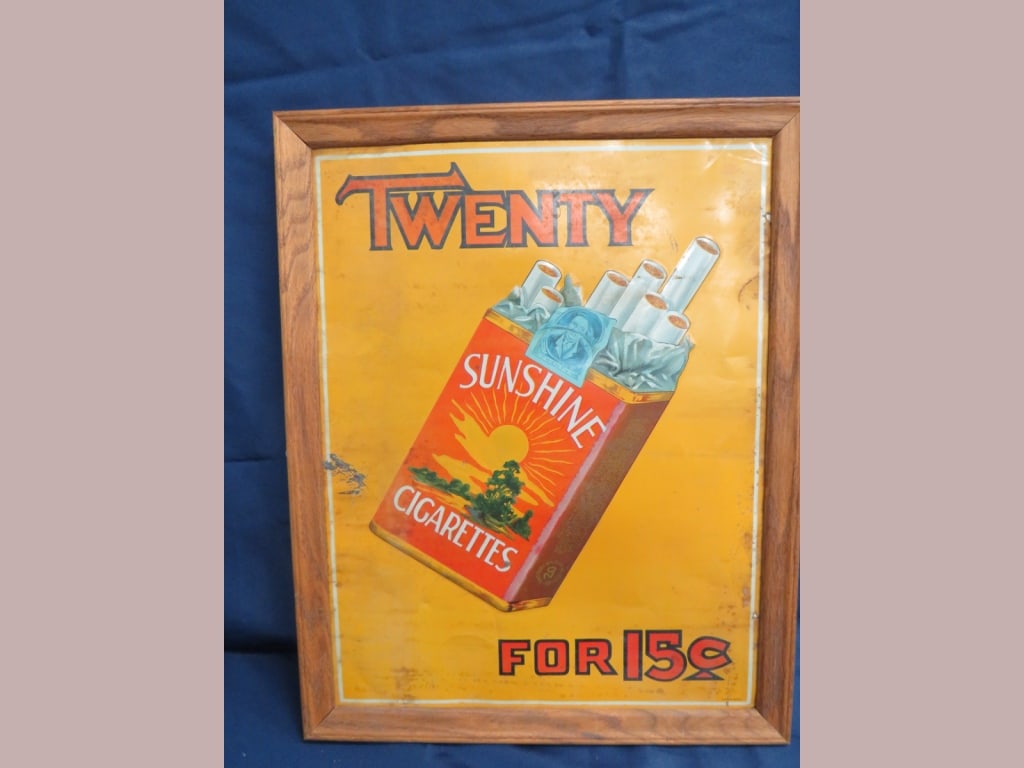 Framed Sunshine Cigarettes Sign: Tin, good color, Embossed Sterling Litho Toledo, OH. 20 x 16