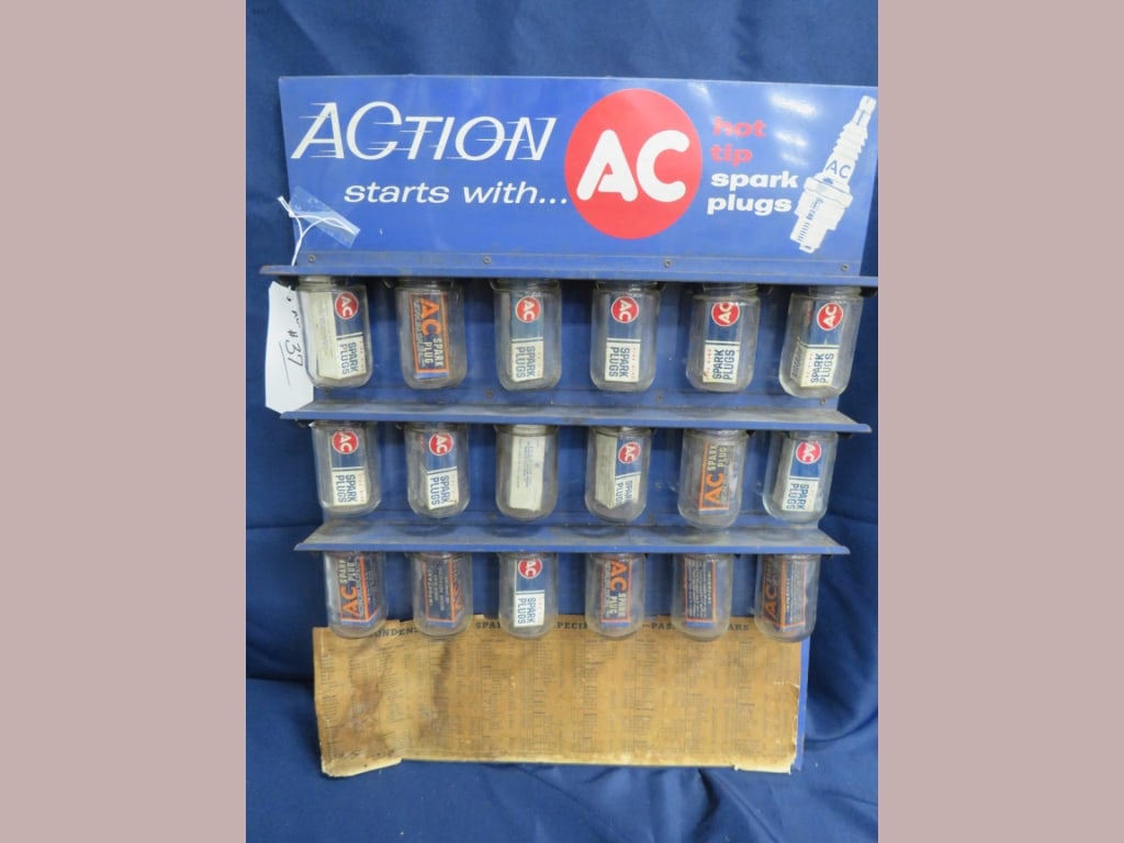 AC Hot Tip Spark Plug Display Rack: w/ 18 containers/boxes and spark plug, Spark plug specifications chart 1946-59 24 x 18 x 3