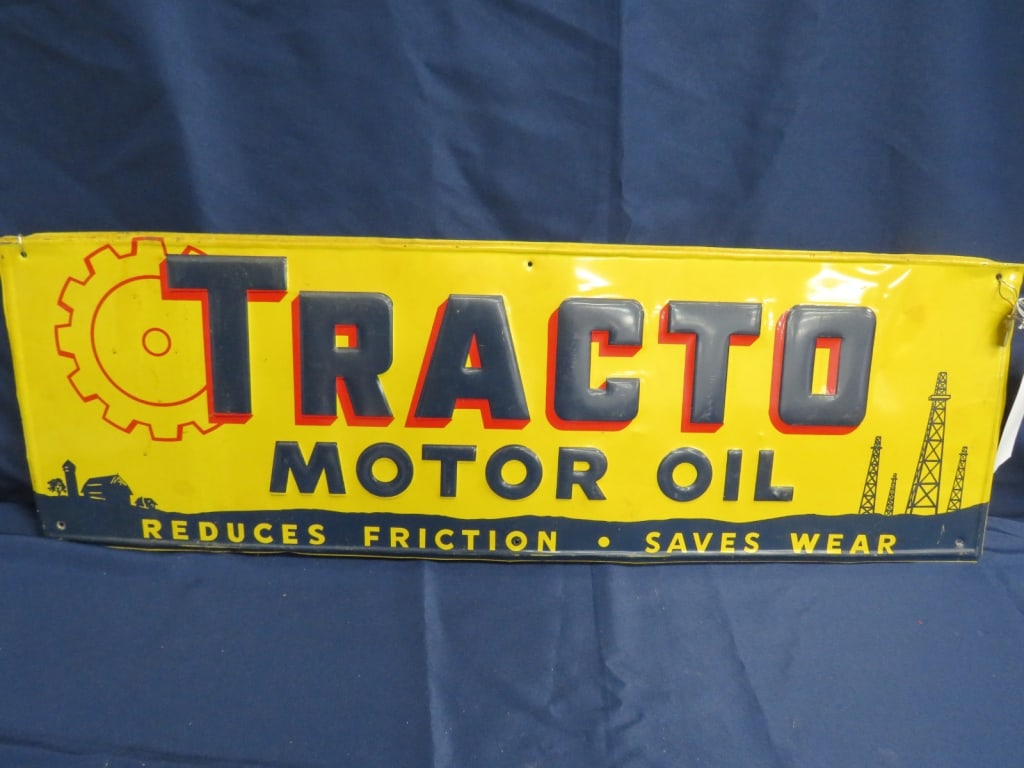 Tracto Motor Oil Sign: Embossed, nice color/graphics self-framed 12 x 36
