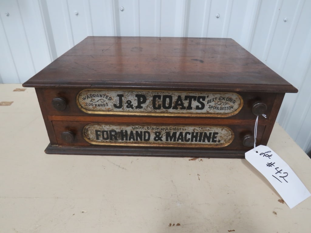 J & P Coats Wood Spool Cabinet: 2 Drawer, nice condition 7 x 19 x16