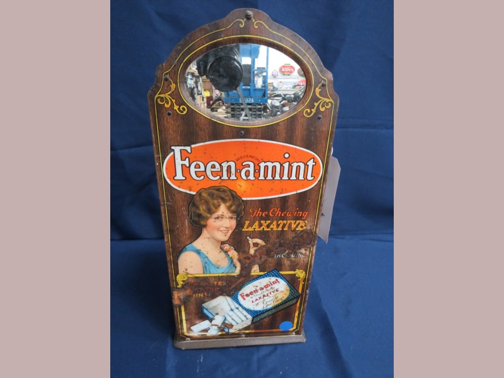 Feen-a-Mint Laxative Store Display w/ Mirror: Metal, some fading/paint loss 16 x 8 x6