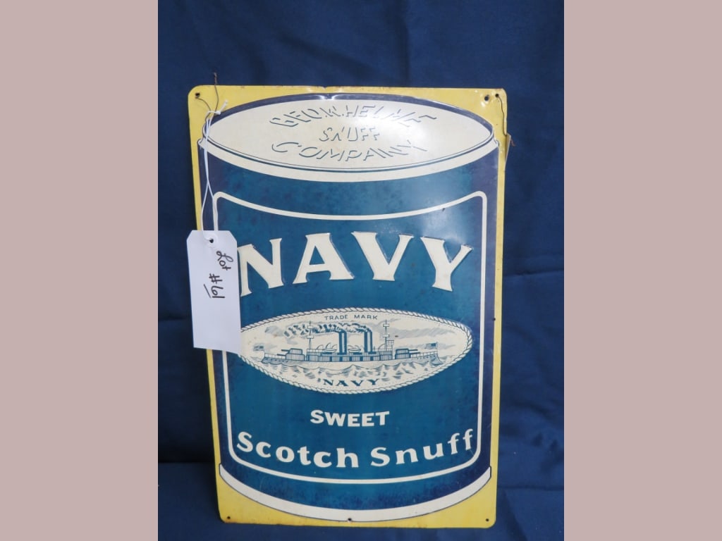 Navy Sweet Scottish Snuff Sign: Tin, Embossed, good color 18 x 12