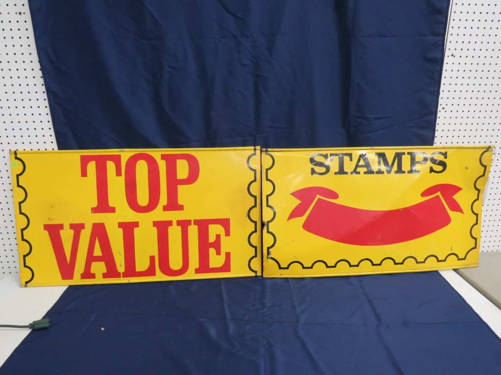 2 pc DS Top Value Stamps Sign: Good color, 2nd half/bent 20 x 36 each pc