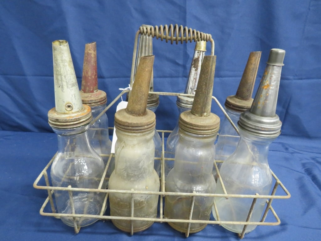 8-Oil Bottles w/ Spouts and Carrier: 16 x 18 x 9 Metal Carrier