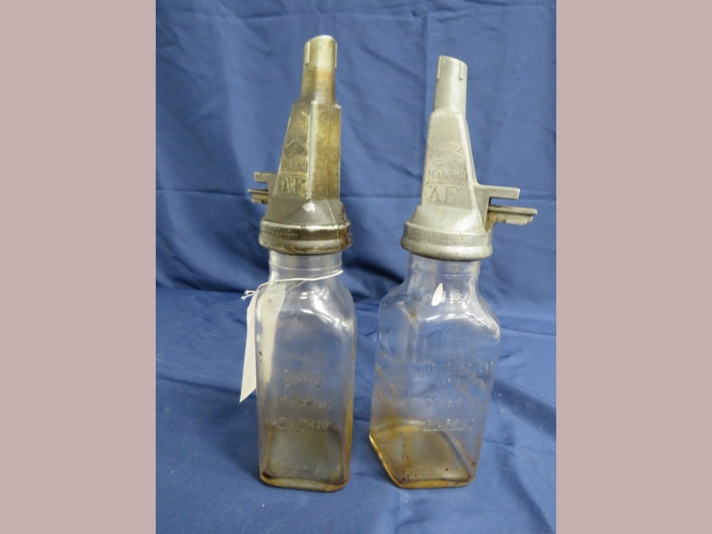 2-MobilOil Bottles w/ Spouts: Glass bottle/Metal spouts 15h Diamond shape