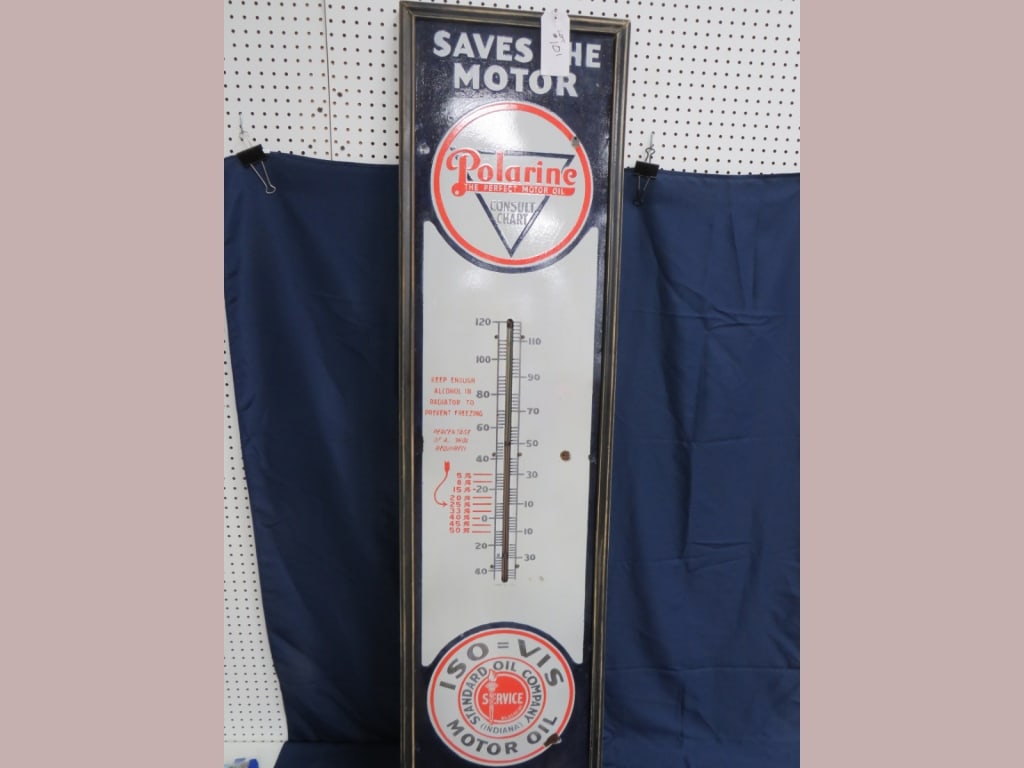 6' Polarine Standard Motor Oil Co.Porcelain Thermo: Orig thermometer, S-5730 Adv. 544 Some repaint, porcelain loss, Wood frame 72 x 19