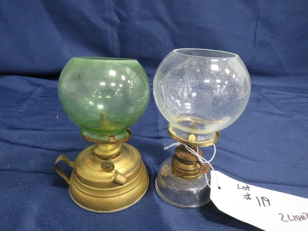 2-Cigar Lighters: 1-Metal base/1-glass base, Clear/Green Globes 12h