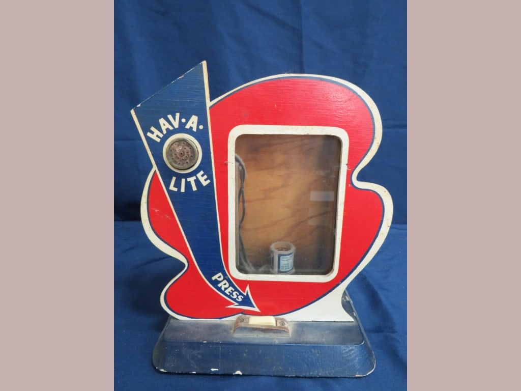 Hav-A-Lite Store Display: Glass front, Red, White & Blue painted wood 13 x 10 x 6