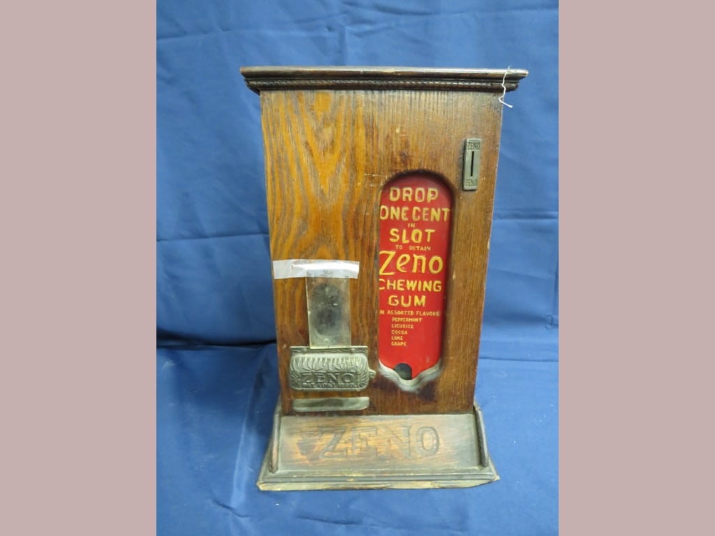 RARE Zeno Chewing Gum Counter Display: Coin-op,Oak w/ metal sign, "as found" condition 17 x 11 x 9