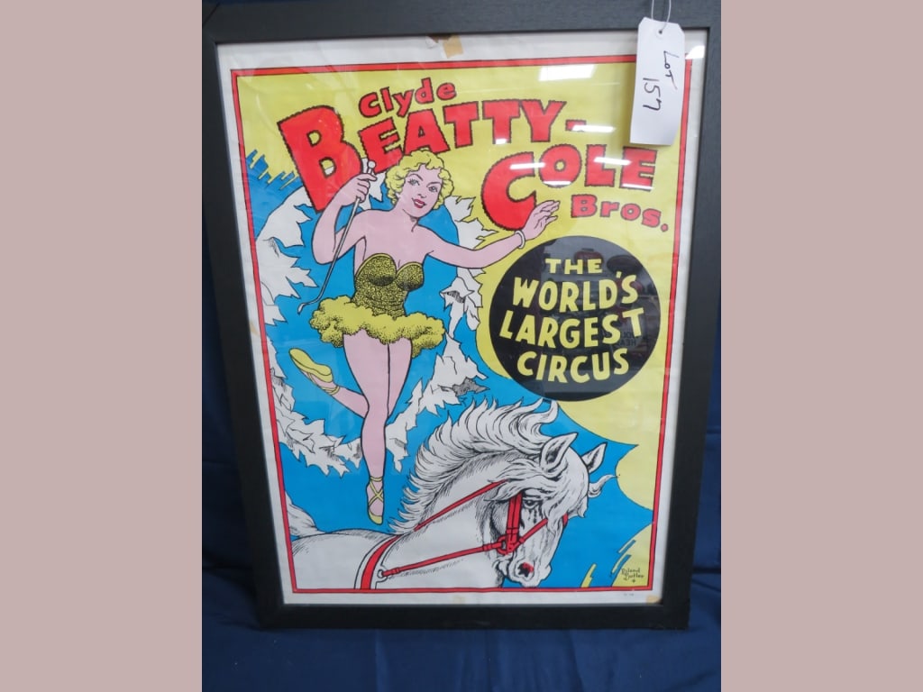 Clyde Beatty-Cole Bros Circus Poster: Framed "World's Largest Circus" 30 x 23 Roland Butler signed