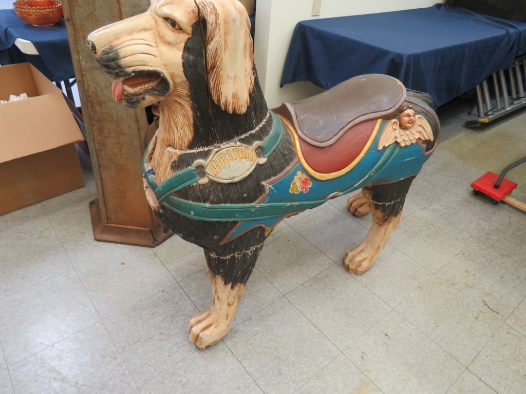 Antique Carved Wood Carousel Dog: "Bruno", Hand carved/Painted, Detachable legs/head 44 x 51 x 16