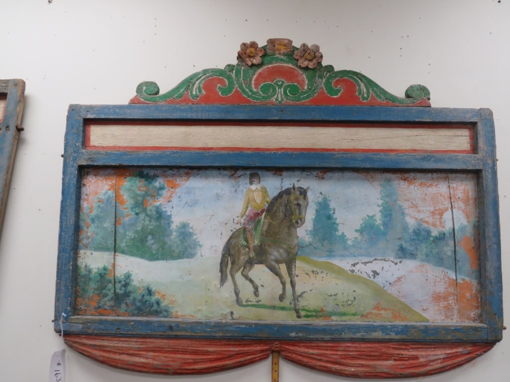 Vintage Handpainted Carousel Panels-Guy on Horse: Wood framed painted tin, some fading 40 x 51