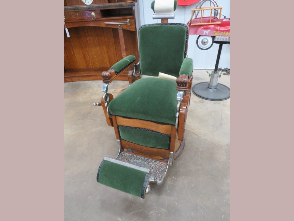 Quarter-sawn Oak Velour Congree Koken Barber Chair: w/ Headrest/Foot rest, Totally Professionally restored, Working 48 x 24 x 36