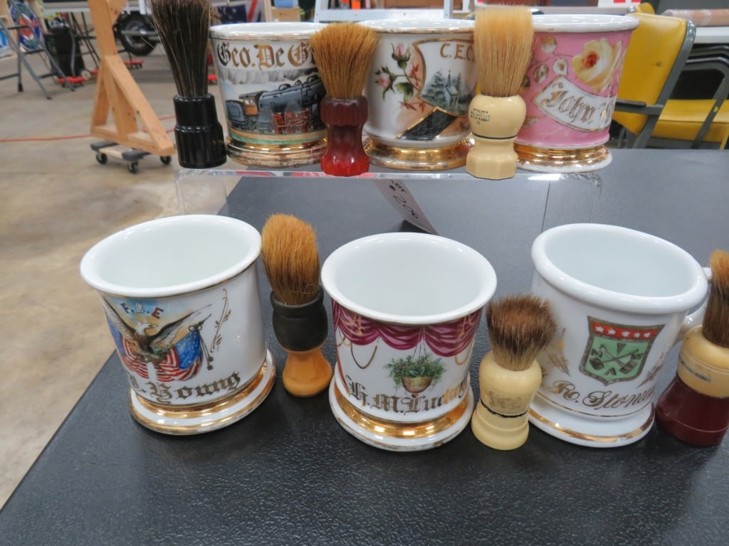 6-Shaving Mugs/6-Brushes: Good condition