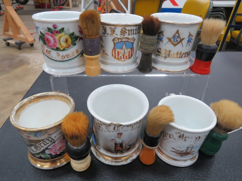 6-Shaving Mugs/6-Brushes: Good condition