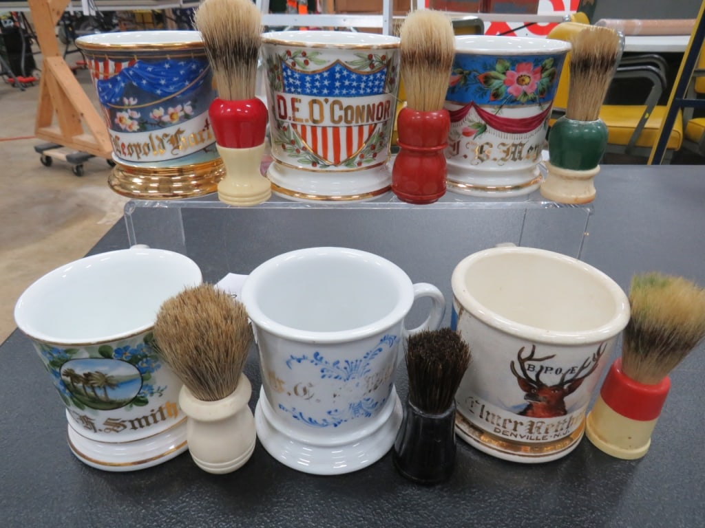 6-Shaving Mugs/6-Brushes: Good condition