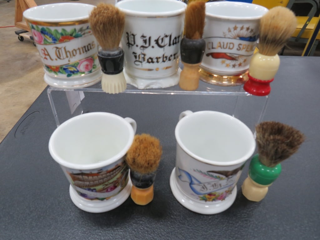5-Shaving Mugs/5 Brushes: Good condition