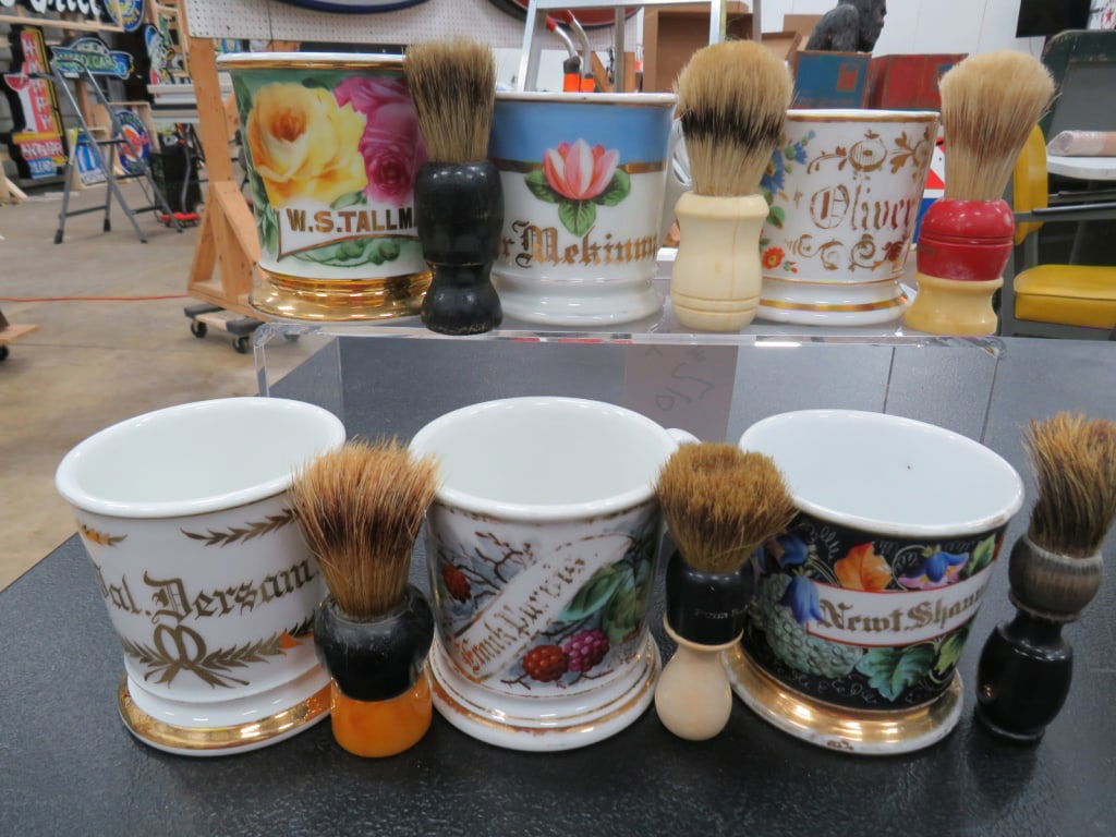 6-Shaving Mugs/6-Brushes: Good Condition