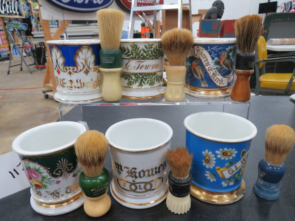 6-Shaving Mugs/6-Brushes: Good condition