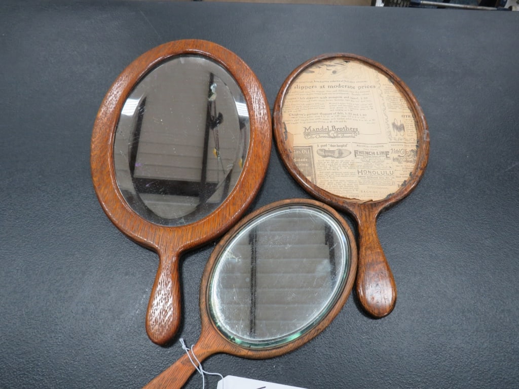 3-Qaurter-sawn Oak Hand mirrors: Differnet sizes, 1-Has no mirror 17 x 10