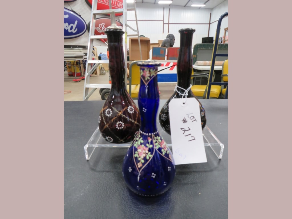 3-Early Barber Shop Bottles: 1- w/ stopper, very nice, Amethyst/Cobalt 9"