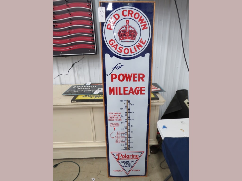 Red Crown Gasoline 6' Porcelain: Excellent cond, orig thermometer, Coshocton Art, Framed, 72 x 19