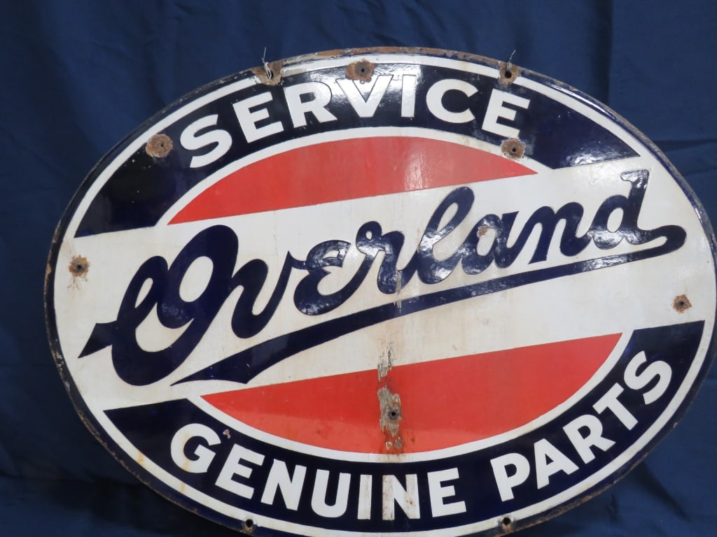 DS Porcelain Overland Service Dealer Sign: Age wear Nelke Sign Co NY 30 x 40