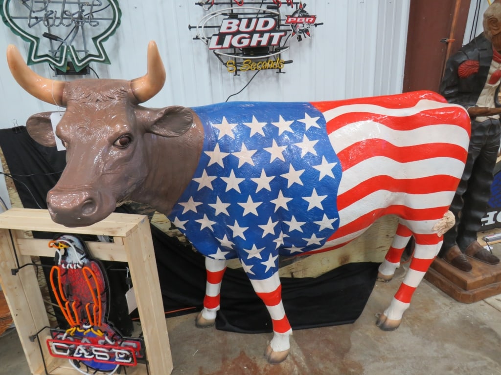 Life-Size Patriot Flag Cow Display Statue: Fiberglass, vivid color Flag, hairline crack rear leg & R ear 61 x 80 x 27