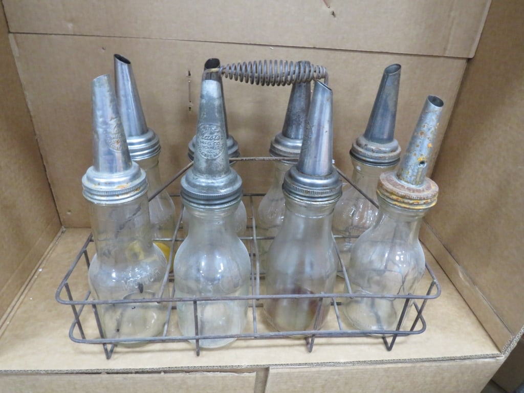 8-Motor Oil Bottles w/ Spouts & Carrier: Metal carrier 15 x 19 x 10